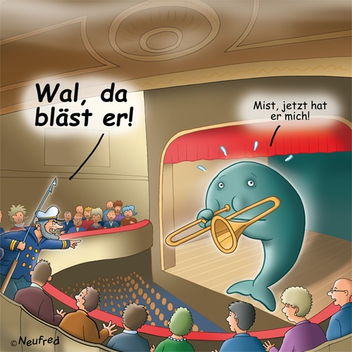 Cartoon: Blaskonzert (medium) by neufred tagged harpune,kapitän,walfang,trompete,theater,oper,wal