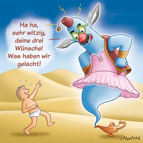 Cartoon: Seehhhr witzig (medium) by neufred tagged flaschengeist,wüste,albern,lampe,aladin