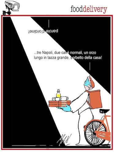 Cartoon: food delivery (medium) by Enzo Maneglia Man tagged vignette,umorismo,grafico,coronavirus,dicembre,2020,spilli,di,man,per,fighillearte,piccolomuseo,fighille,ita