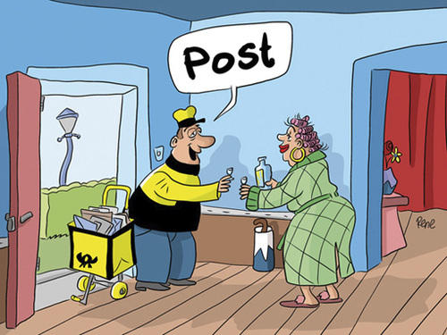 Cartoon: Post Frau Bluemel (medium) by rene tagged post,prost,brief,briefträger,postbote,trinken,schnaps,gläschen,hips,betrunken,nachbarin
