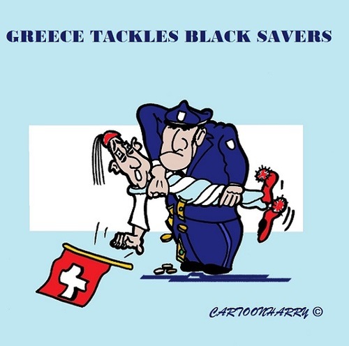 Cartoon: Black Savers Greece (medium) by cartoonharry tagged blacksavers,greece,police,banks,switserland,cartoons,cartoonists,cartoonharry,dutch,toonpool
