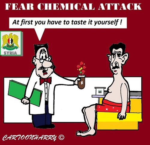 Cartoon: Fear Chemical Attack (medium) by cartoonharry tagged devil,sulfurmustard,assad,syria,fear,attack,cartoon,caricature,cartoonist,cartoonharry,dutch,toonpool