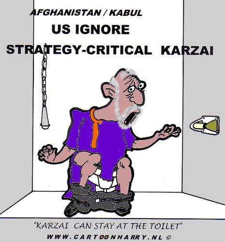 Cartoon: Karzai-Strategy Not Accepted (medium) by cartoonharry tagged toilet,karzai,afghanistan,stay,strategy,accept,cartoonharry