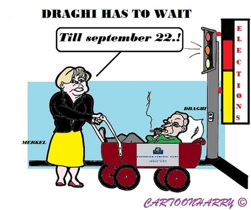 Cartoon: Merkel and Draghi (medium) by cartoonharry tagged europ,merkel,elections,draghi,wait,toonpool