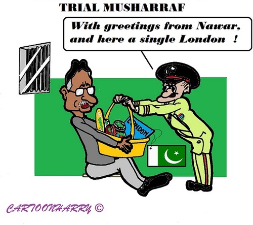 Cartoon: Musharraf (medium) by cartoonharry tagged pakistan,trial,musharraf,london,toonpool