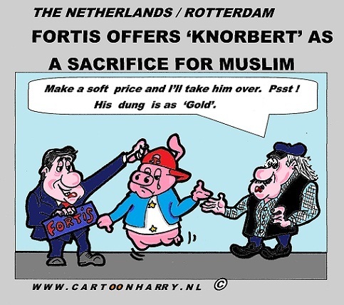 Cartoon: Sacrifice Fortis (medium) by cartoonharry tagged dutch,hyves,linkedin,facebook,toonsup,toonpool,cartoonharry,gold,dung,shit,farmer,cartoonist,cartoon,sacrifise,knorbert,fortis,muslim