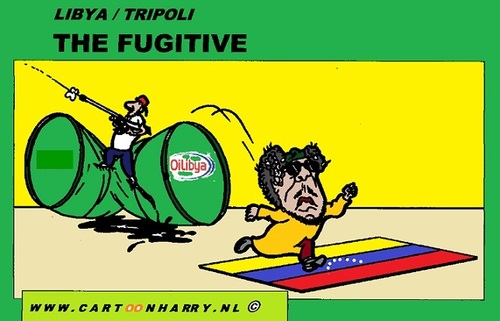 Cartoon: The Fugitive (medium) by cartoonharry tagged libya,gadaffi,oil,flag,venezuela,cartoon,fugitive,cartoonist,cartoonharry,toonpool