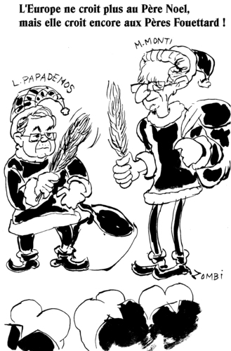 Cartoon: Les Peres Fouettard (medium) by Zombi tagged lucas,papademos,mario,monti,santa,claus,klaus,pere,noel,schrekgespenst,itlay,greece,europa