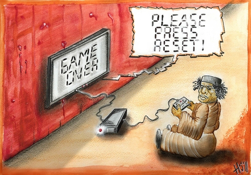 Cartoon: GAME OVER_RESET (medium) by joschoo tagged dictatory,petrol,future,reset,game,death,suppression,lybia,gaddafi,war