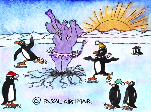 Cartoon: Ice Skating (medium) by Pascal Kirchmair tagged caricature,karikatur,aquarell,cartoon,eislaufen,pinguine,elefant