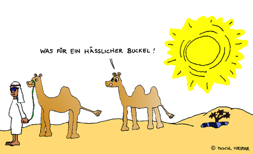 Cartoon: Kamel vs. Dromedar (medium) by Pascal Kirchmair tagged fata,morgana,kamel,cartoon,chameau,dromedar,dromadaire,oase,oasis,wüste,sahara
