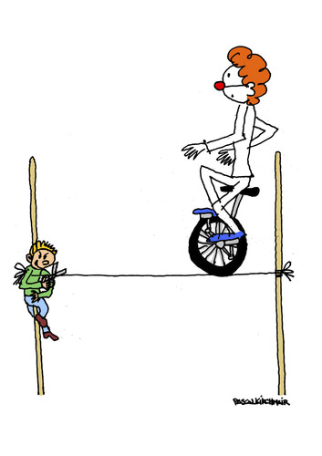 Cartoon: Monocycle - Einrad (medium) by Pascal Kirchmair tagged zirkus,circus,clown,lausbubenstreich,einrad,schere,böse,cartoon,humor,humour,unicycle,monocycle,schwarzer