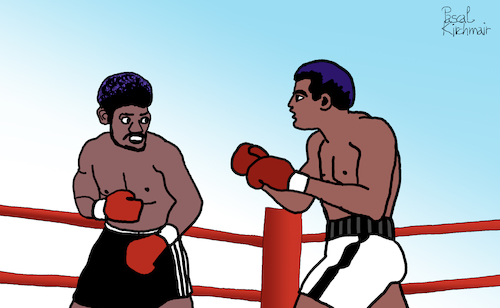 Cartoon: Muhammed Ali vs. Leon Spinks (medium) by Pascal Kirchmair tagged boxer,muhammed,ali,cassius,clay,leon,spinks,boxeur,boxing,heavy,weight,championship,dibuix,illustration,drawing,zeichnung,pascal,kirchmair,cartoon,caricature,karikatur,ilustracion,dibujo,desenho,ink,disegno,ilustracao,illustrazione,illustratie,dessin,de,presse,du,jour,art,of,the,day,tekening,teckning,cartum,vineta,comica,vignetta,caricatura,champion,schwergewicht,schwergewichtsweltmeister,boxeador,pugil,pugilista,pugile,pugilatore,boxer,muhammed,ali,cassius,clay,leon,spinks,boxeur,boxing,heavy,weight,championship,dibuix,illustration,drawing,zeichnung,pascal,kirchmair,cartoon,caricature,karikatur,ilustracion,dibujo,desenho,ink,disegno,ilustracao,illustrazione,illustratie,dessin,de,presse,du,jour,art,of,the,day,tekening,teckning,cartum,vineta,comica,vignetta,caricatura,champion,schwergewicht,schwergewichtsweltmeister,boxeador,pugil,pugilista,pugile,pugilatore