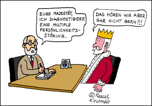 Cartoon: Pluralis Majestatis (medium) by Pascal Kirchmair tagged pluralis,majestatis,majestät,könig,cartoon,karikatur,psychiater,multiple,persönlichkeit,humor,plural,der,hoheit,zeichnung,illustration,psychiatrie,gag,witz,pluralis,majestatis,majestät,könig,cartoon,karikatur,psychiater,multiple,persönlichkeit,humor,plural,der,hoheit,zeichnung,illustration,psychiatrie,gag,witz