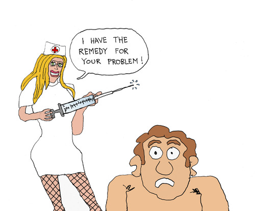 Cartoon: Remedy (medium) by Pascal Kirchmair tagged nurse,remedy,syringe,seringue,spritze,gefahr,krankenschwester,remede,infirmiere,patient,sexy,girl
