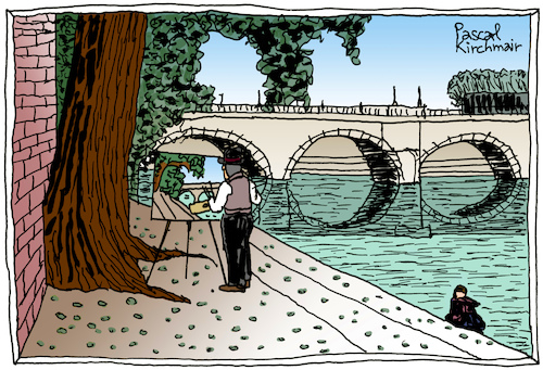 Cartoon: The Pont-Neuf painter (medium) by Pascal Kirchmair tagged peintre,pont,neuf,maler,pintor,pittore,pascal,kirchmair,illustration,ilustracion,ilustracao,illustrazione,illustratie,paris,parigi,drawing,dessin,zeichnung,disegno,dibujo,desenho,tekening,teckning,cartum,cartoon,painter,peintre,pont,neuf,maler,pintor,pittore,pascal,kirchmair,illustration,ilustracion,ilustracao,illustrazione,illustratie,paris,parigi,drawing,dessin,zeichnung,disegno,dibujo,desenho,tekening,teckning,cartum,cartoon,painter