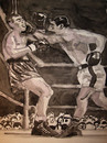 Cartoon: Rocky Marciano vs. Joe Louis (small) by Pascal Kirchmair tagged boxen,boxe,boxing,champion,championships,weltmeister,rocco,marchegiano,rocky,marciano,knocking,out,joe,louis,ko