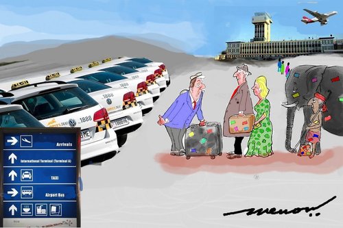 Cartoon: accompanied baggage (medium) by kar2nist tagged travel,taxi,passengers,airport,elephant,indian,europian