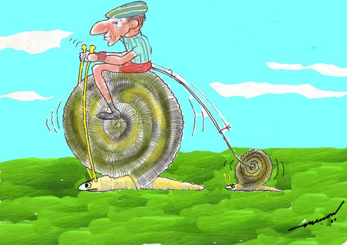 Cartoon: fastest penny farthing (medium) by kar2nist tagged cycles,pennyfarthing,pertol,costs,snails,indianinventions