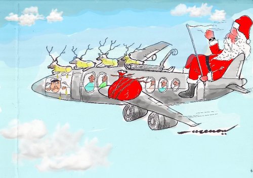 Cartoon: Miles to Go before I Sleep (medium) by kar2nist tagged reindeer,resting,sky,hiking,hitch,jetplane,travel,claus,santa
