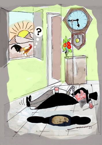 Cartoon: Morning Alarm (medium) by kar2nist tagged chicken,magician,rooster,alarm,morning