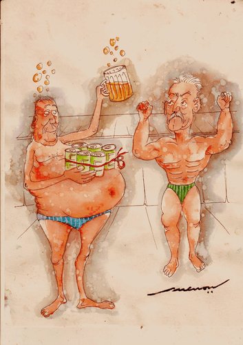 Cartoon: Six-pack All (medium) by kar2nist tagged gym,beer,building,body,packs,six