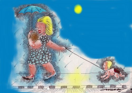 Cartoon: Oh! My Sweet Baby (medium) by kar2nist tagged rains,leash,love,mother,dogs,women,baby