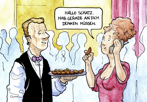 Cartoon: Cocktailwürstchen (medium) by Bülow tagged empfang,gala,buffet,wurst,happen,beziehung,empfang,gala,buffet,wurst,happen,beziehung,essen,party,partnerchaft,mann,frau,sex