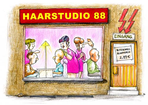 Cartoon: Haarstudio 88 (medium) by Bülow tagged nazi,national,friseur,frisur,glatze,rechts,haar,friseur,frisur,mode,nazi,neonazi,glatze,rechts,rechtsradikal,geschäft,unternehmen,betrieb,gewerbe