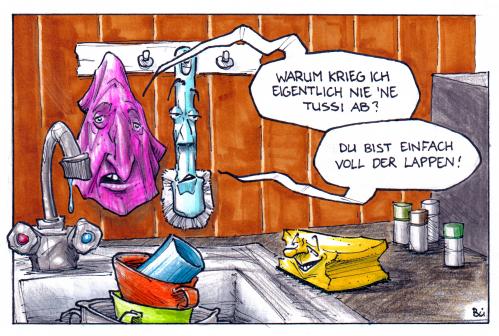 Cartoon: Im Gespräch mit Bürste. (medium) by Bülow tagged lappen,dishes,cloth,washing,abwasch,küche,kitchen,putzlappen,lappen,schwamm,abwasch,küche,partnersuche