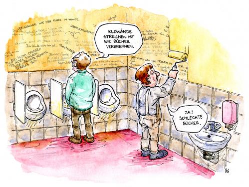 Cartoon: Klosprüche (medium) by Bülow tagged klo,toilette,wc,maler,streichen,cartoon,klo,toilette,wc,bad,pissoir,männer,mann,klosprüche,sprüche,spruch,kritzeleien,literatur,buch,bücher,schriftsteller,autoren,autor,adressat,wandverzierung,verzierungen,wand,kritzeln,vandalismus,notizen,kultur,zeichnen,malen,maler,farbe,übermalen,öffentlicher raum,inhalte,inhalt,bücherverbrennung,verbrennung,öffentlicher,raum