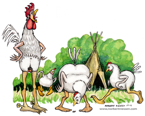 Cartoon: Chicken (medium) by Niessen tagged gallo,gallina,canto,pollaio,cock,hen,singing,henhouse,hahn,henne,gesang,hühnerstall