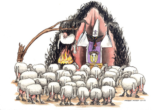 Cartoon: pecore a messa (medium) by Niessen tagged pecore,lupi,inferno,messa,fuoco,peccato,schafe,wolf,hölleschäfer,priester,messe,schuld,sheep,hell,priest