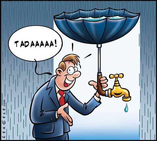 Cartoon: Economy - water (medium) by Carayboo tagged water,eau,tab,rain,umbrella,pollution,economy,nature,evironement,faucet,man,world,planet,storm,recuperation