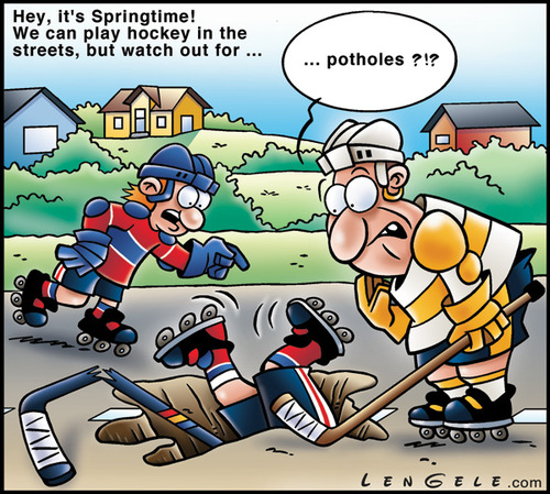 Cartoon: Hockey street (medium) by Carayboo tagged hockey,street,springtime,sport,pot,hole,player,game,stick,helmet,goal,target