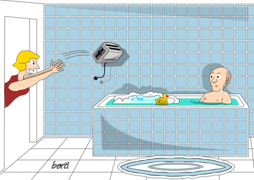 Cartoon: Der Fehlversuch (medium) by berti tagged mordversuch,ehekrach,toaster,strom,kurzschluß,rosenkrieg,badewanne,bathtube,marital,quarrel,electricity,inkscape