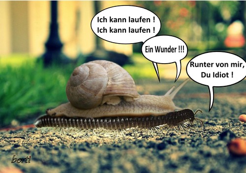 Cartoon: Schneckenfüßler (medium) by berti tagged schleim,rutschen,laufen,wunsch,tragen,huckepack,tausenfüßler,schnecke