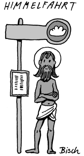 Cartoon: Himmelfahrt (medium) by BiSch tagged jesus,himmelfahrt,ascension,christ,bus,stop,heaven,haltestelle,warten,waiting,jesus,himmelfahrt,haltestelle,warten,verkehr,regeln,verkehrsregeln,religion,bibel,jesus christus,christus