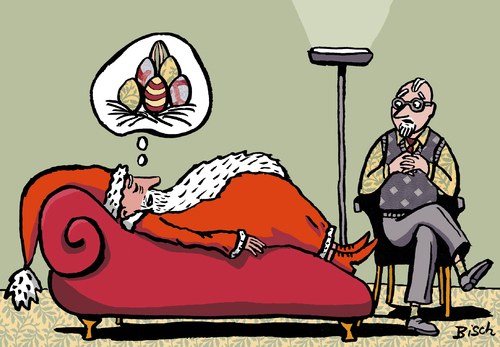 Cartoon: Weihnachtsmann beim Analytiker (medium) by BiSch tagged weihnachtsmann,weihnachten,santa,claus,psychoanalyse,therapie,therapeut,psychologe,ostern,eier,trauma,weihnachtsmann,weihnachten,psychoanalyse,therapie,therapeut,psychologe,ostern