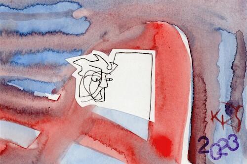 Cartoon: A man looking for a door (medium) by Kestutis tagged man,door,dada,art,kunst,postcard,kestutis,lithuania