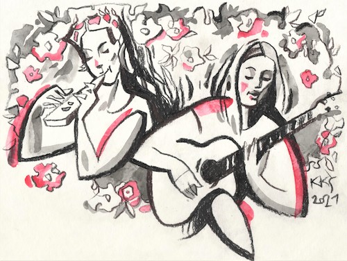 Cartoon: Actresses Saule and Greta (medium) by Kestutis tagged actresses,theater,music,guitar,kestutis,lithuania