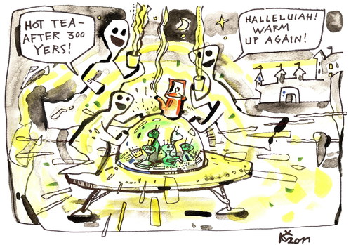 Cartoon: ALIENS AND GHOSTS (medium) by Kestutis tagged night,ghost,warm,tea,happening,adventure,accident,aliens