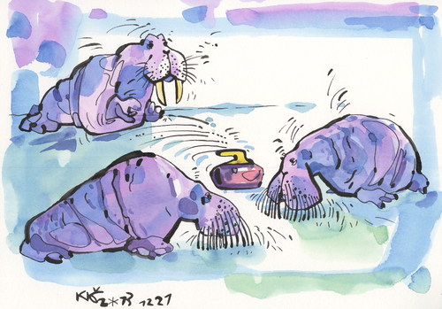 Cartoon: Animals Olympic. Curling (medium) by Kestutis tagged kestutis,2014,sochi,winter,walrus,curling,olympic,nature,animal,lithuania