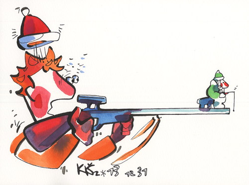 Cartoon: Biathlon. Sportsman and dwarf (medium) by Kestutis tagged biathlon,adventures,winter,sports,olympic,sochi,2014,dwarf,sportsman,kestutis,lithuania