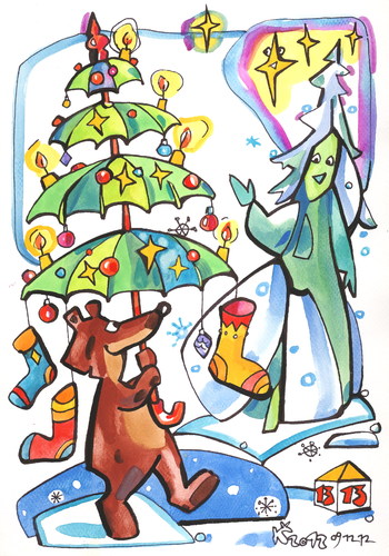 Cartoon: Brown Bear goes to Santa Claus (medium) by Kestutis tagged bear,travel,santa,claus,kestutis,lithuania,fir,tanne,regenschirm,umbrella,christmas,weihnachten,winter,star,stern