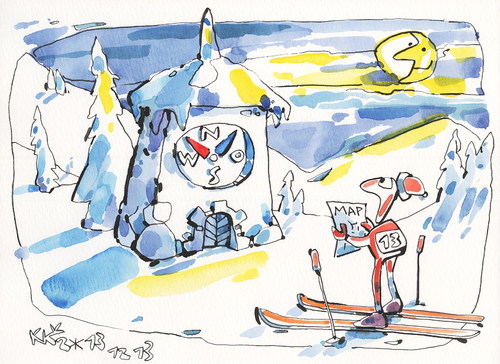 Cartoon: Cross - country skiing. Got lost (medium) by Kestutis tagged got,lost,cross,country,skiing,olympic,winter,sports,tower,compass,map,snow,moon,sochi,2014,kestutis,lithuania