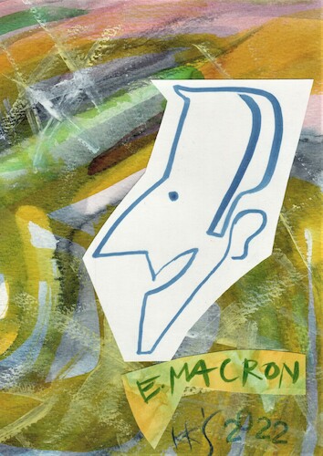 Cartoon: E. Macron in one line. 8. 9. (medium) by Kestutis tagged macron,mask,dada,postcard,oneline,kestutis,lithuania,pandemic,epidemic,protest