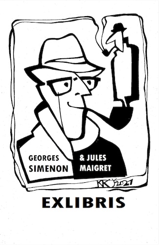 Cartoon: GEORGES SIMENON exlibris (medium) by Kestutis tagged simenon,maigret,exlibris,kestutis,lithuania,paris,intuition,writer,book,commissioner,library,police,detective