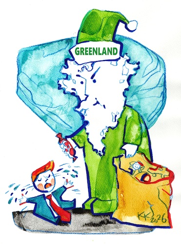 Cartoon: GREENLAND AND DONALD (medium) by Kestutis tagged greenland,donald,trump,denmark,gift,kestutis,lithuania,usa,santa,claus