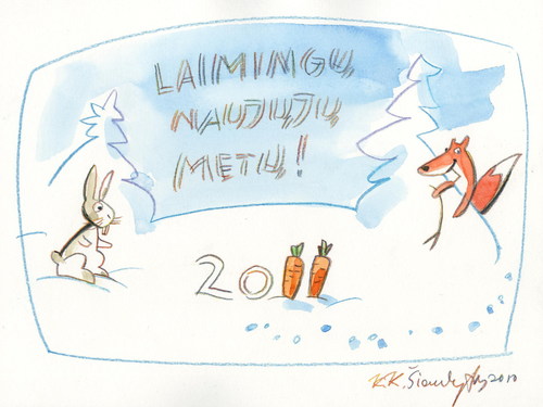 Cartoon: HAPPY NEW YEAR - 2011 (medium) by Kestutis tagged happy,new,year,animal,hare,fox,carrots,snow